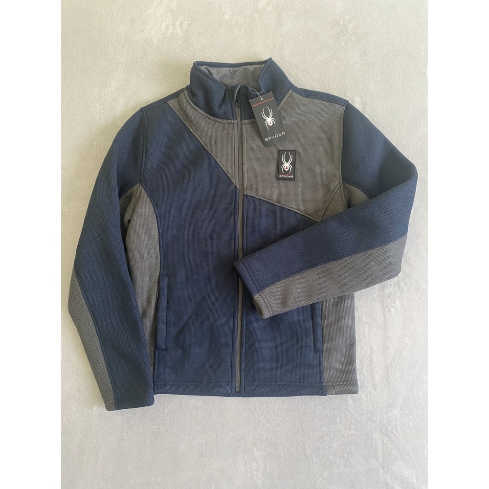 Spyder District Jacket Mens Small Blue Gray Fleece Lined Logo Mock Neck Full Zip